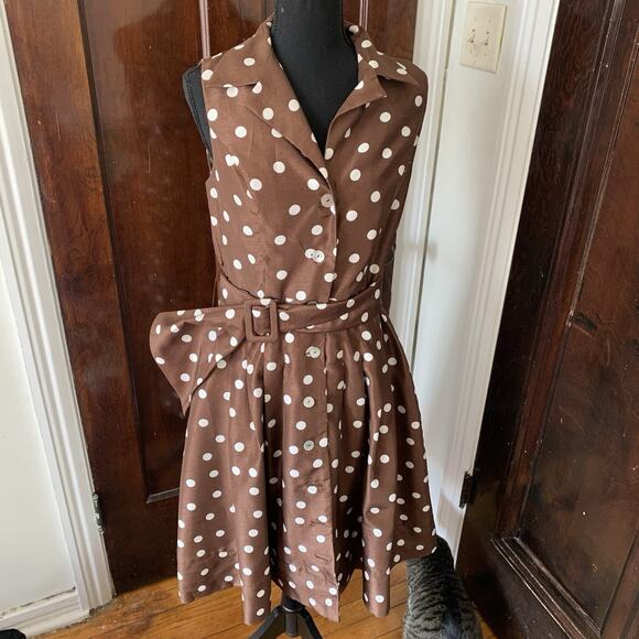 90s Jessica Howard Pretty Woman Brown Polka Dot Shirt Dress SZ 10 - Picture 12 of 15